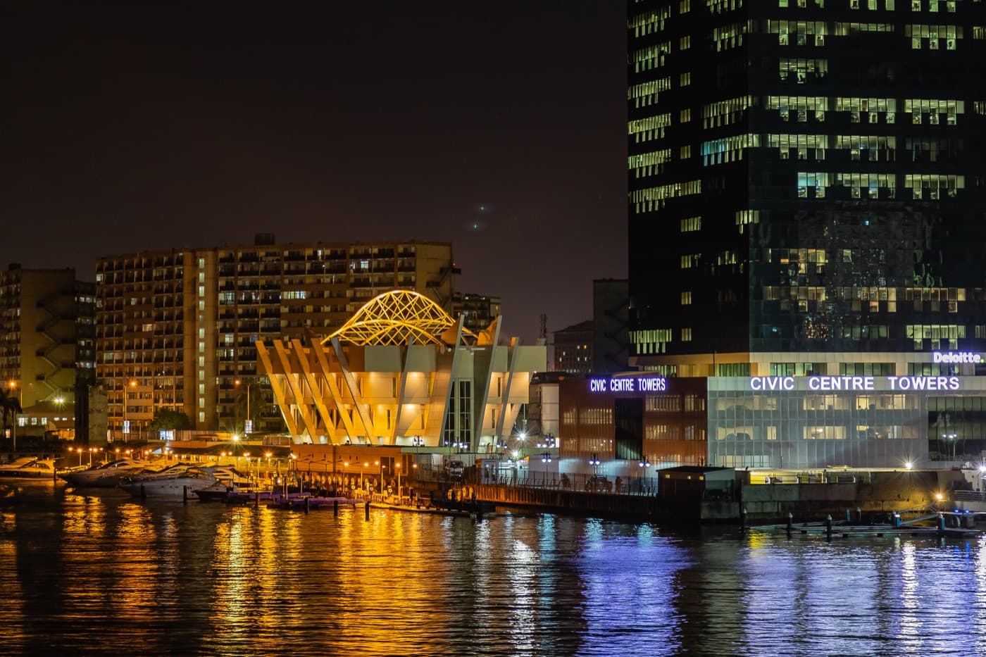 Civic Centre Towers on the Lagos waterfront at night