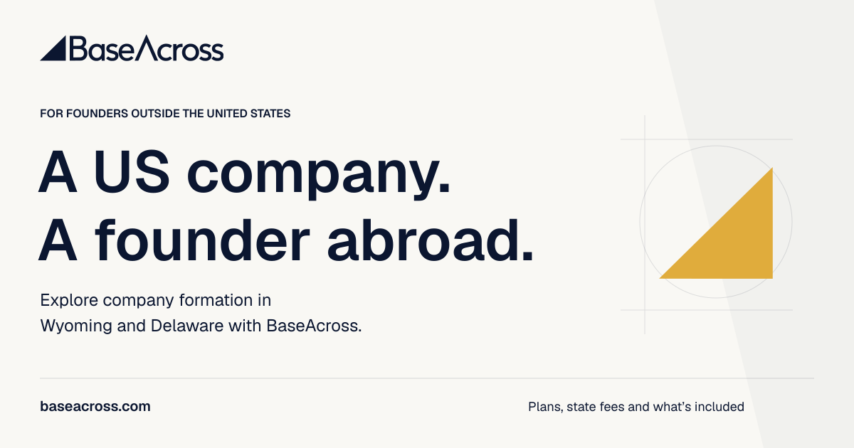 Landscape artwork for BaseAcross, with the company logo and an introduction for founders abroad