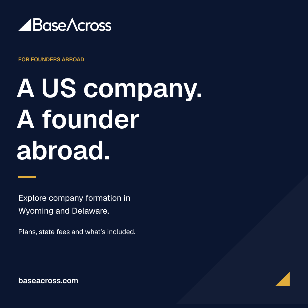 Square artwork for BaseAcross, with the company logo and an introduction for founders abroad